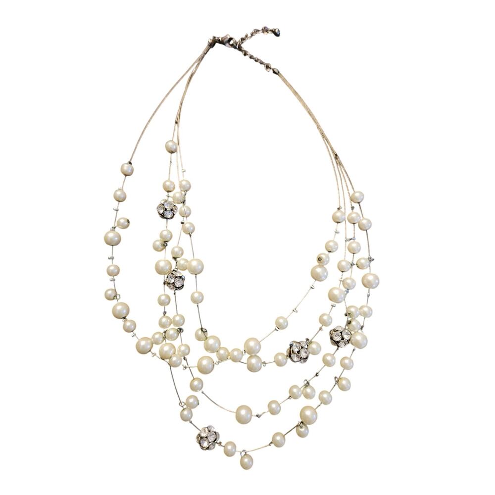Faux Pearl Multi Strand Necklace Rhinestone Accents Layered Statement